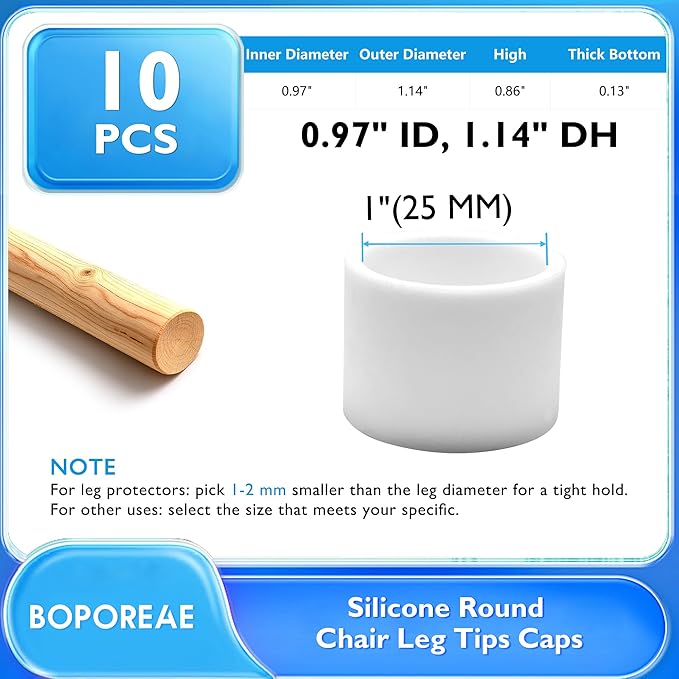 BOPOREAE 10 Pcs 1" (25 mm) Round Chair Leg Tips Caps, Silicone Rubber Furniture Leg Floor Protectors, Reduce Noise Folding Metal Chair Leg Cap Replacement for Bar Stool Leg Patio Indoor, White