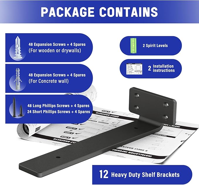 Goovilla Shelf Bracket, Heavy Duty Floating Shelf Brackets 10 inch Long, 12 Pack Brackets for Shelves, Black Coated Metal Wall Shelf Support Brackets with 1/5 Inch Thick and 160 lb. Load Capacity