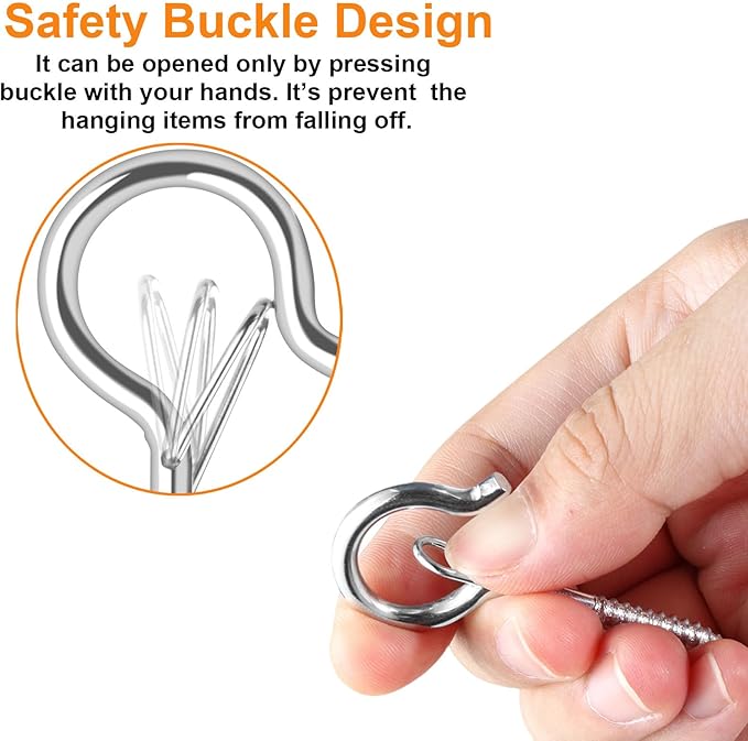 FSAH 25 PCS Screw-in Hooks for Outdoor String Lights, Q Hangers Hooks Outdoor for Outside, Swivel Hanging Basket Patio Light Hooks with Safe Buckle Screw in Planter Eye Hook for Wall Ceiling, Silver