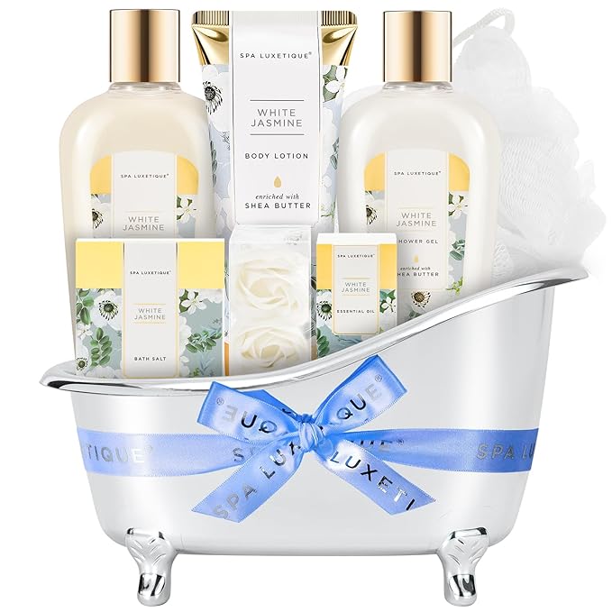 Spa luxetique Bath and Body Gifts for Women 8pcs Jasmine Scented Spa Sets with Bubble Bath Gift Baskets for Women Mother's Day Gifts for Mom