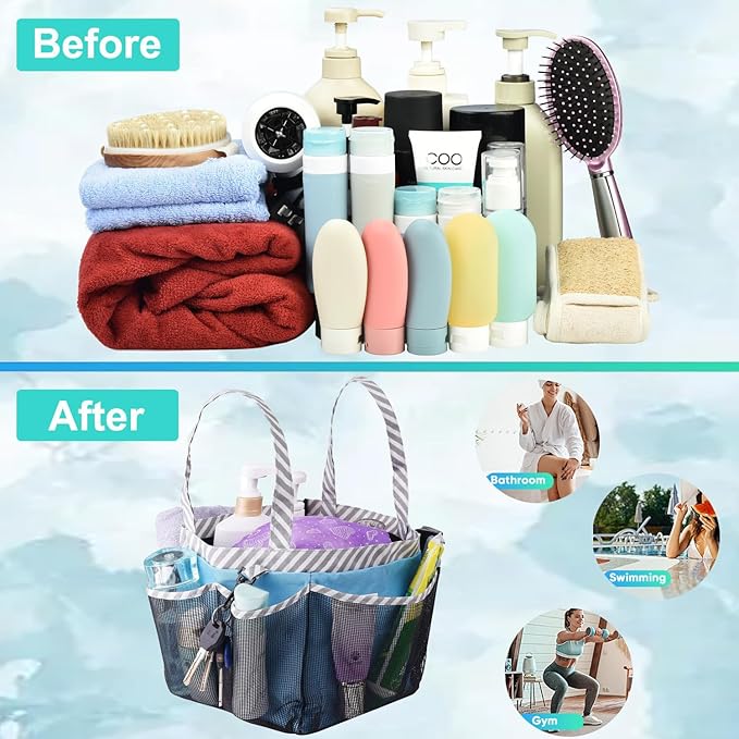 Haundry Mesh Shower Caddy Portable for College Dorm Room Essentials, Shower Caddy Tote with 8 Pockets Large Capacity, Shower Bag for Beach, Swimming, Gym, Light Blue