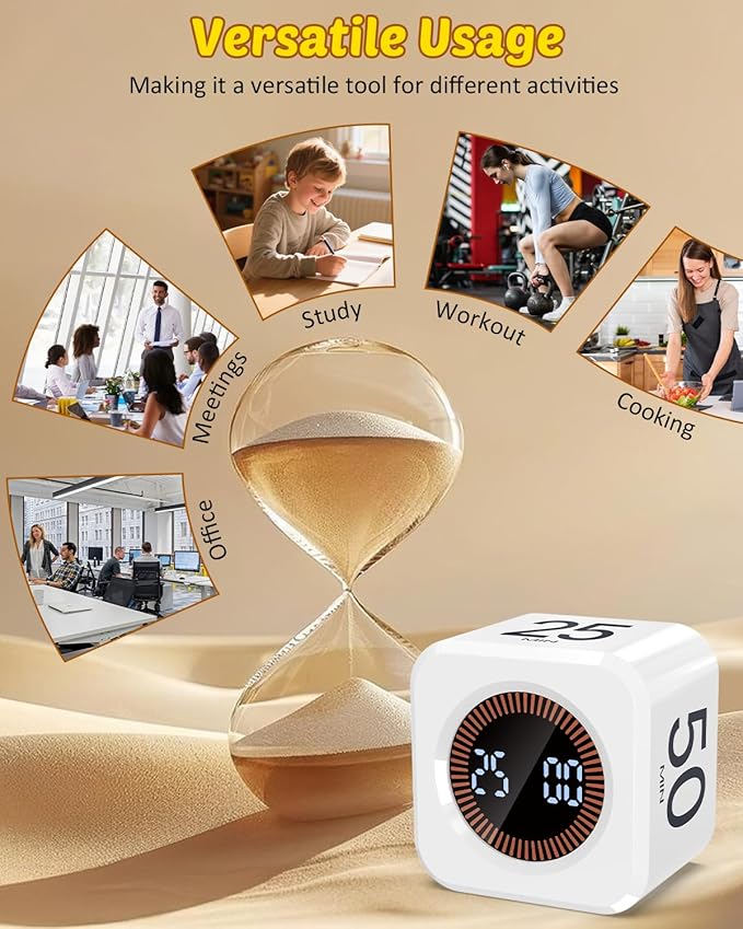 Pomodoro Timer Cube Visual Productivity Flip Timer for Kids Classroom Desk, 5/10/25/50min& Custom Countdown, Silent&Sound Mode Digital Cube for ADHD Study Work School Game Kitchen (White)