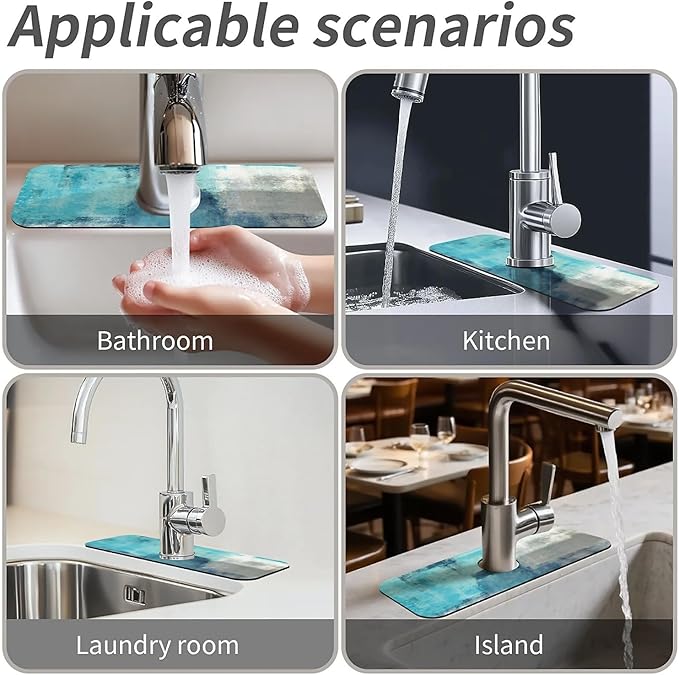 Kitchen Sink Splash Guard, Blue Ocean Faucet Mat Sink Gadgets - Super Absorbent Fast Drying Mat Drip Catcher for Kitchen, Bathroom, Sink Mat, Dish Drying Mat, Bathroom (15" X 5.5")