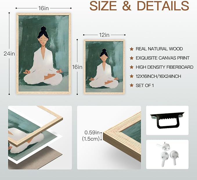 GELDSTEI Wood Framed Zen Wall Art, Tranquil Meditation Wall Decor, Yoga Girl Canvas Painting, Spiritual Aesthetic Picture, Calming Mindfulness Poster Print for Living Room Spa Yoga Studio 16"x24"