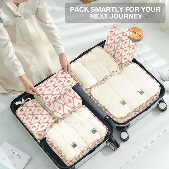 8 Set Packing Cubes for Suitcases, Packing Cube with Shoe, Cosmetics, Clothing, and Accessories Bags, Packing Cubes for Travel, Luggage Organizer for Women and Men (Bow Flowers)