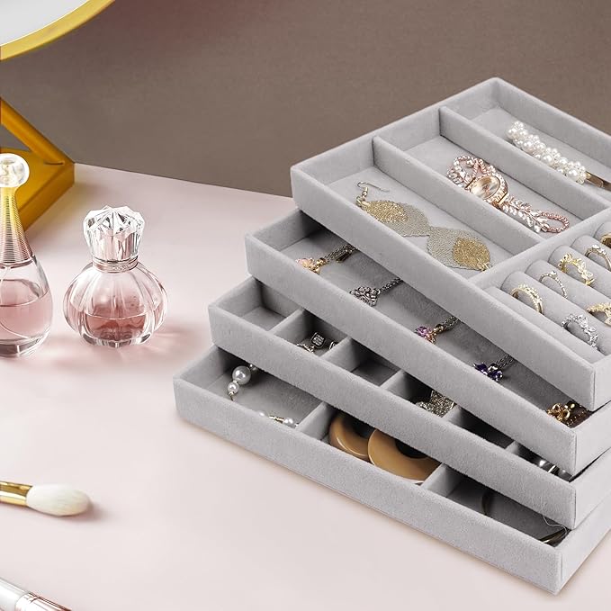 Cirhy 4 Stackable Jewelry Trays Organizer Set for Drawer, Jewelry Organizers and Display Case Storage, Velvet Drawer Inserts Organizer for Necklace Bracelets Earrings Organizer, Gift For Her, Grey