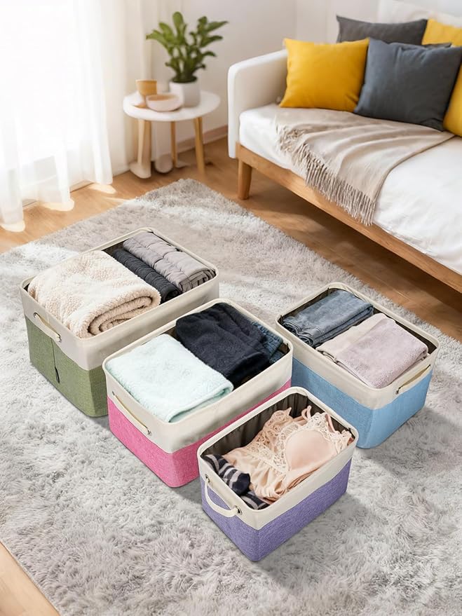 BALEINE 3 Pack Fabric Storage Bins for Shelves, Linen Storage Baskets for Organizing, Decorative Closet Bins for Clothes, Home (Navy Blue, 15"x11"x9.5")