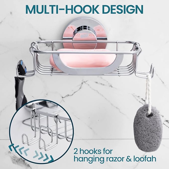 TAILI Soap Dish Holder with Hooks, Bar Soap Tray Saver Suction Cup with Razor Holder for Shower Wall, Rustproof Stainless Steel Bath Shampoo Caddy for Bathroom Accessories Organizer, Silver