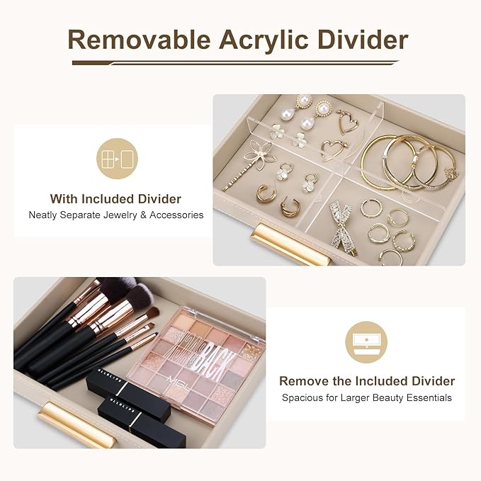 GORESE Valet Jewelry Tray Nightstand Organizer with Drawer, PU Leather Perfume Tray Trinket Trays for Vanity Bathroom Entryway, Catchall Trays for Key Purse Watch Cologne, Gift for Women Men, Beige