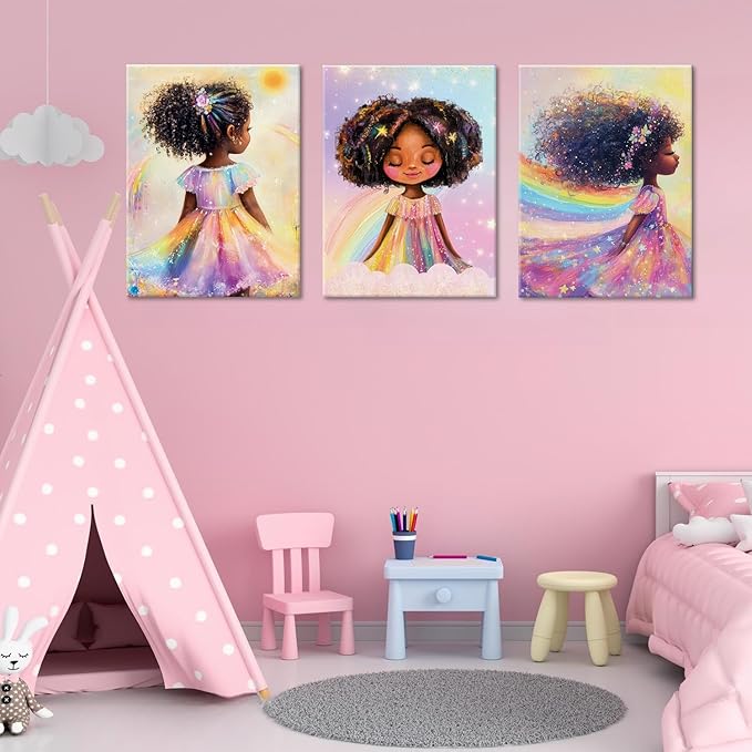 Black Girl Princess Wall Art, Rainbow Hair Girl Painting,Cute Afro Girls Art,Cute Black Girl Nursery Art,Whimsical Rainbow Art Print Set Poster,Black Kids Canvas Prints,Framed12 x 16inches X3piece
