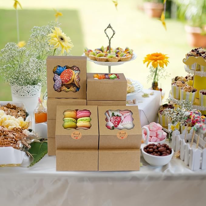 WINKIO 12 Pieces Cookie Boxes with Window, 6×6×3 Inches Treat Boxes for Bakery Dessert Pastry Mini Cake Favor Donut Baked Goods (brown, with Stickers)
