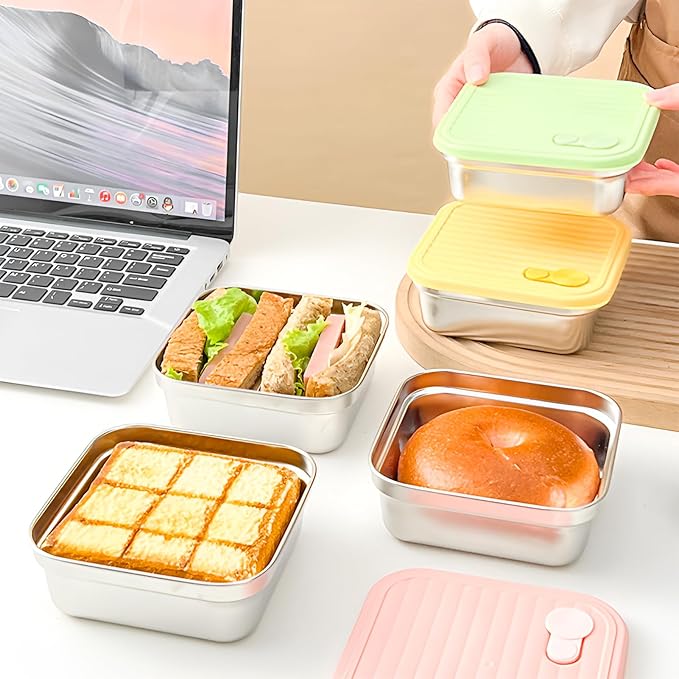 2 Pack Sandwich Containers, 20oz Stainless Steel Sandwich Box with Lids, Reusable Metal Meal Prep Lunch Boxes, BPA-Free, Dishwasher Safe, Food Storage Containers for Snacks & Fruits (White, Green)