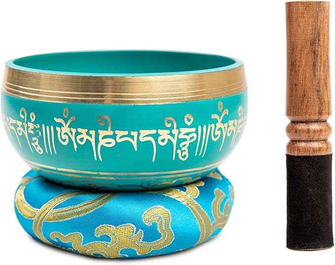 Tibetan Singing Bowl Set - 4" Easy To Play Authentic Handmade For Meditation Sound 7 Chakra Healing By HIMALAYAN BAZAAR (Turquoise Blue, 4")