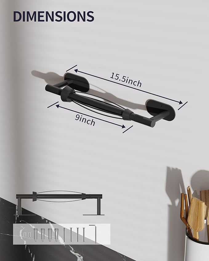 WZKALY Paper Towel Holder Under Cabinet, Self Adhesive or Wall Mount for Kitchen Bathroom, Stainless Steel Paper Towel Holders with Damping Effect, Single Hand Operable (Matte Black)