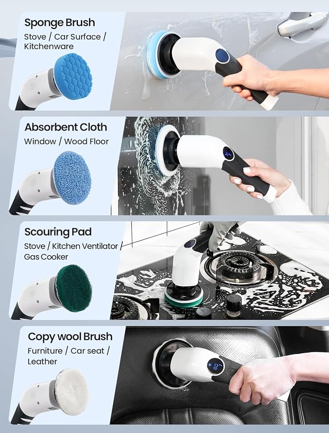 KEIMI Electric Spin Scrubber, Cordless Shower Cleaning Brush with 8 Replaceable Brush Heads, 3 Speeds, Extension Handle, Digital Display, IPX7 Power Scrubber for Bathroom, Tub, Tile and Floor