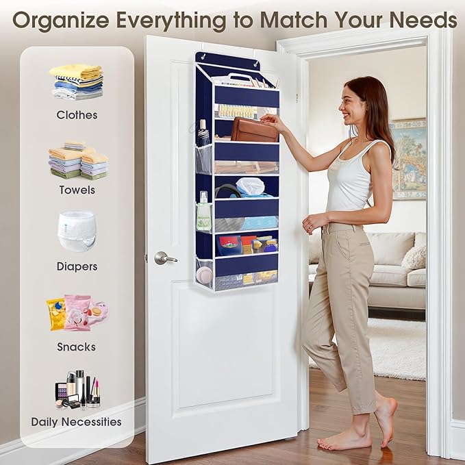 2 Pack Over The Door Organizer, Hanging Storage Organizer with Clear Window, 40lb Ultra Sturdy Large Capacity Room Organizer for Pantry Laundry Bathroom Nursery Closet (Blue)