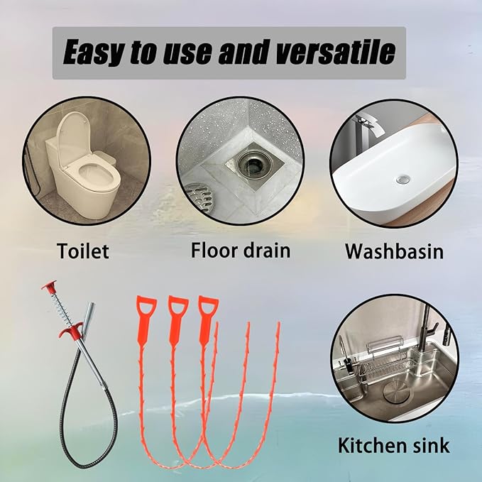 3 Pcs Orange Drain Clog Remover and 1 Pcs 25inch Four Claws Hair Catcher Drain Snake Cleaner Tool, Effective Hair Clog Remover for Toilet/Kitchen Sink/Bathroom Tub