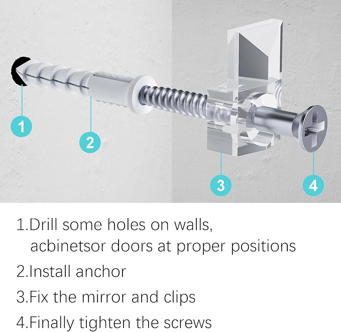 Mirror Holder Clips Kit,Crystal Clear Plastic Mirror Clip,Mirror Holder Clips Glass Retainer Clips Kit,Mirror Hanging kit with Screws and Fixed Mirror Box Door (Classic Style-100Sets)