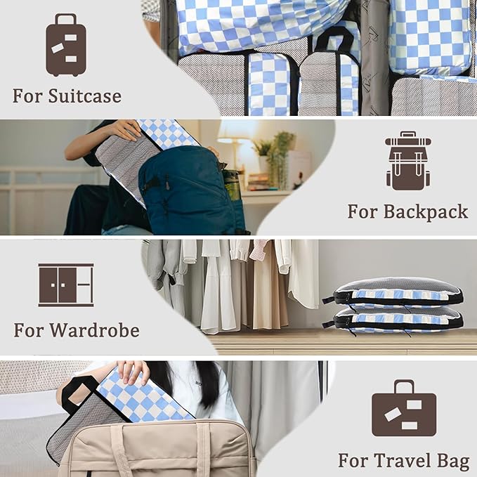 U+U 10 Set Compression Packing Cubes - Ultralight Travel Organizers with Laundry Bag and Cosmetic Bag, Space-Saving Suitcase Organizer for Travel, Business Trip and Family Vacation (Blue Checkered)