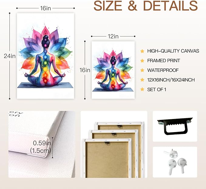 GELDSTEI Framed Zen Wall Art, Chakra Yoga Wall Decor, Colorful Meditation Poster Print, Spiritual Canvas Painting, Vibrant Meditating Woman Aesthetic Picture for Living Room Yoga Studio 12"x16"