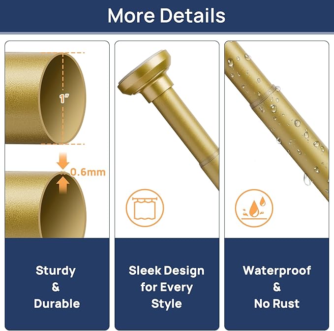ENJOYBASICS Shower Curtain Rod 30 to 64 Inches, 1 Inch Stainless Steel Adjustable Spring Tension Rods No Drill for Bathroom, Closet, Window, Room Divider, Never Rust, Non Slip, Gold