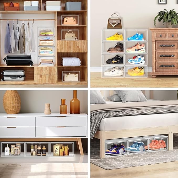 10 Pack Acrylic Shoe Box Size 14, X-Large Purse Handbag Organizer Clear Sneaker Display Case Boot Storage Box Transparent Stackable Storage Bins with Magnetic Lids