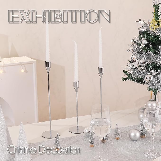 3Pcs Silver Candlestick Holders Set Fit 3/4" Tall Taper Candle Home Decorative Table Centerpieces for Family Dinning, Party Decoration
