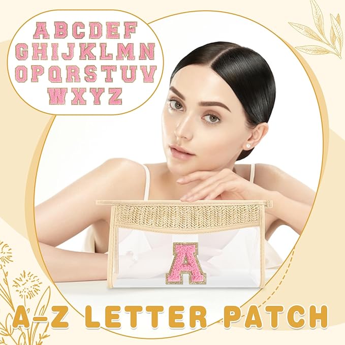 Small Boho Straw Initial Letter Makeup Bag Personalized Gift ,Cute Clear Chenille Patch Makeup Bag With Zipper,Trendy TSA Approved Travel Toiletry Bag,Gift for Women Girls Birthday Friend, Letter A