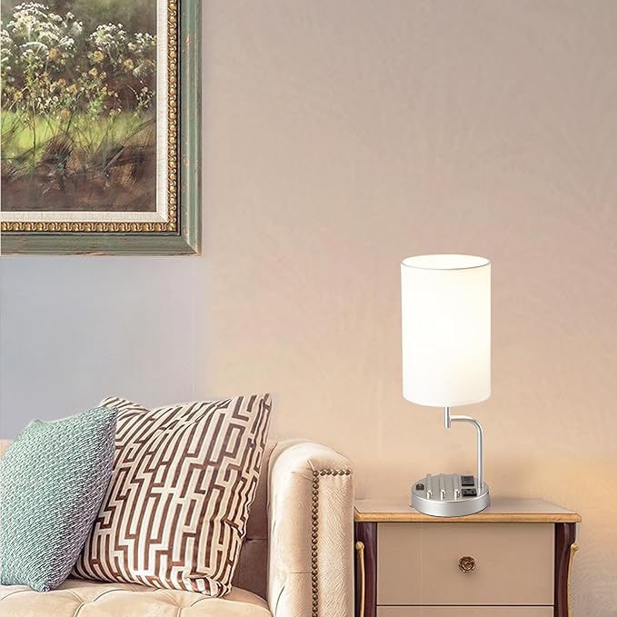 Dreamholder Table Lamp with 3 USB Charging Ports, Modern Desk Lamp with AC Outlet and Phone Stands, Perfect Bedside Lamp for Bedroom, Living Room, Office (Pack of 2), Silver