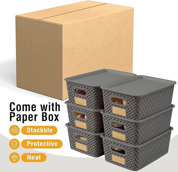 Small Plastic Twill Woven Storage Baskets with Lids, Stackable Organizing Containers with Labels for Pantry Closet Office, 6-Pack,10.35"x7.3"x4.09", Gray