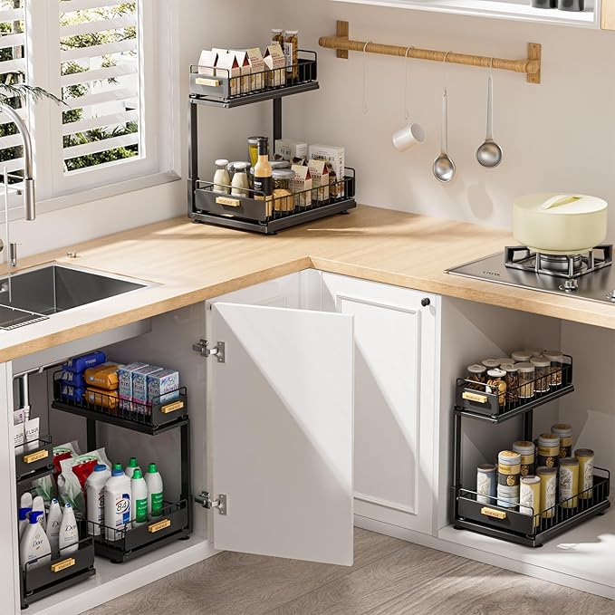 Under Sink Organizer, Height-Adjustable 2-Tier Under Kitchen Sink Organizer, Multi-Purpose Storage Shelf for Kitchen Bathroom Cabinet, Black
