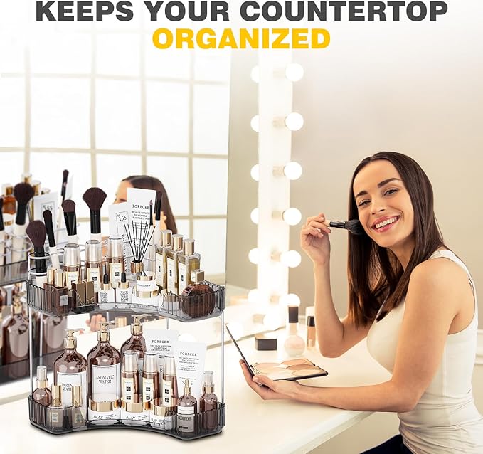 2-Tier Corner Bathroom Counter Organizer with Top Toothbrush Holders, Large Makeup Organizer Countertop with Brush Holder, Skincare Organizers Corner, Exquisite Vanity Organizer (Gray, 2 Tier)