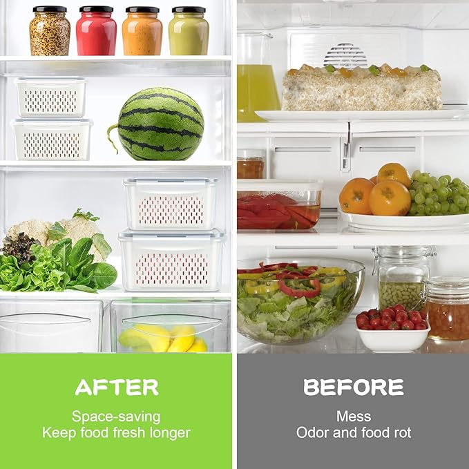 TBMax 12 Pieces Fruit Storage Containers for Fridge Organizers and Storage, 6 Pack Large Produce Saver with Airtight Lid & Colander for Berry Lettuce Salad Vegetable Storage, Refrigerator Organizer