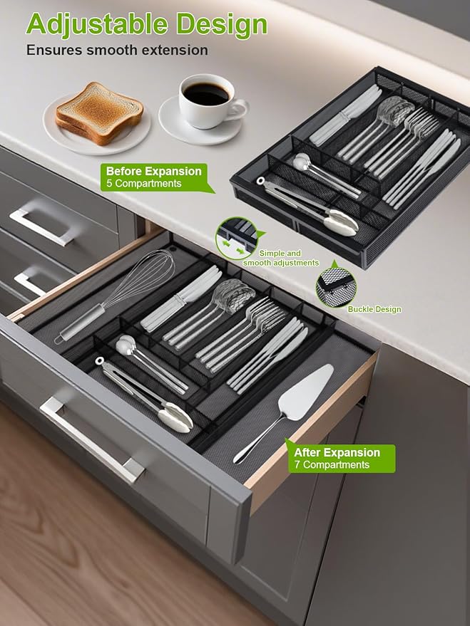 Sedegn Silverware Organizer Metal Mesh, Large Drawer Organizer, Utensil Cutlery Tray for kitchen drawers, Expandable Flatware Organizer with 8 Compartment Black 11.6"~20" x 17.3"