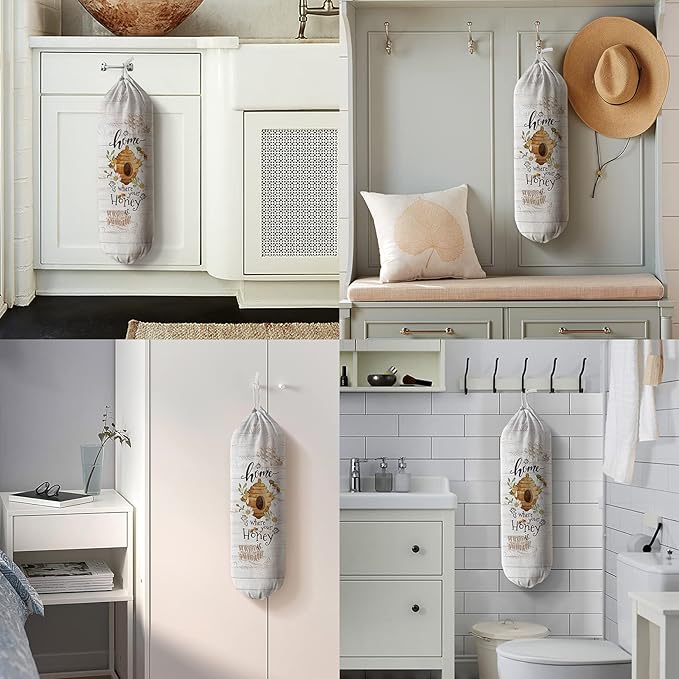 Hglian Bee Grocery Bag Holder, Plastic Bags Organizer Garbage Shopping Trash Bags Storage, Farmhouse Kitchen Décor-Home is Where Your Honey is