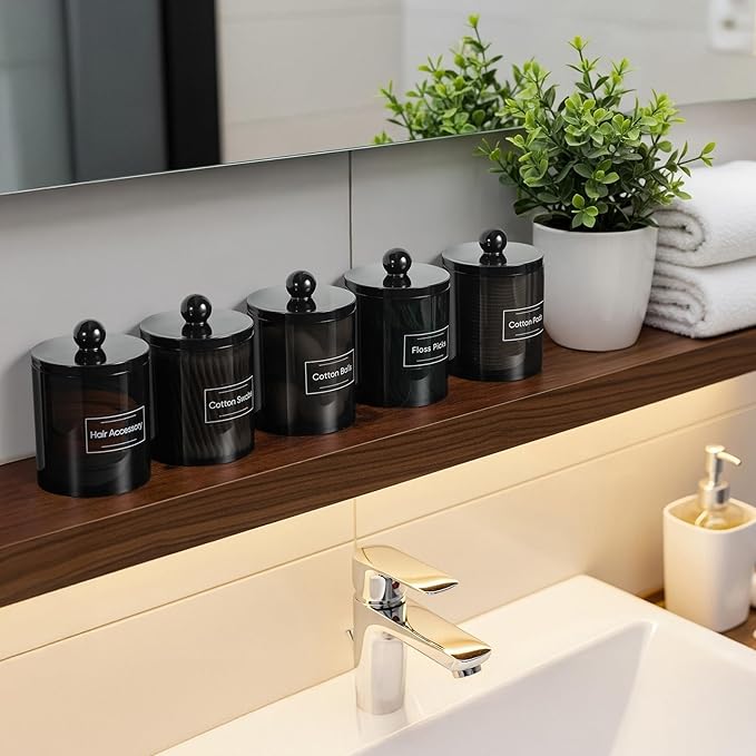 4 Pack Acrylic Qtip Holder Dispenser for Cotton Swabs, Balls, Pads, Floss Picks- Clear Plastic Canister Apothecary Jar Set, Bathroom Essentials Accessories Decor Vanity Makeup Storage Organizer -Black