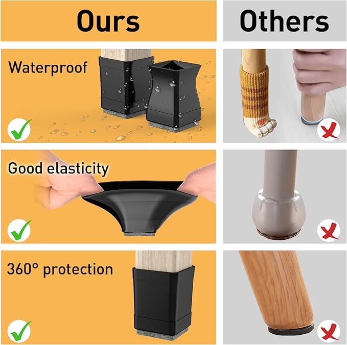 Square Chair Leg Protectors for Hardwood, 16Pcs Silicone Chair Legs Caps to Prevent Floor from Scratches and Reduce Noise, Easy to Move (1.25 Inch Black).