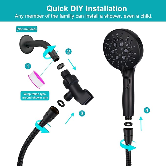 GwernKB Handheld Shower Head with on off Switch&Built-in Power Spray,7-Setting High Pressure Spray Shower Wand with 79in Long Hose&Bracket and Extra Adhesive Shower Holder for Lower Mount,Black
