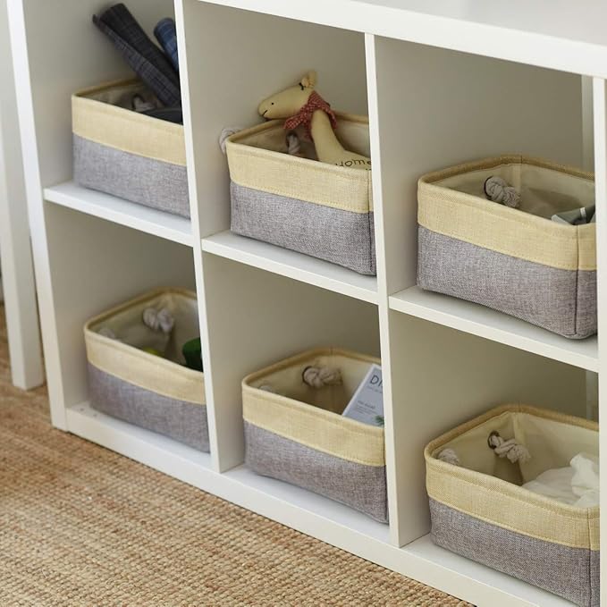 Sacyic Fabric Storage Baskets for Organizing (6 Pack) Small Baskets for Shelves, Storage, Laundry, Nursery, Closets, Decorative Baskets for Gifts Empty (Grey & Gold, 11.8” x 7.8” x 5.1”)