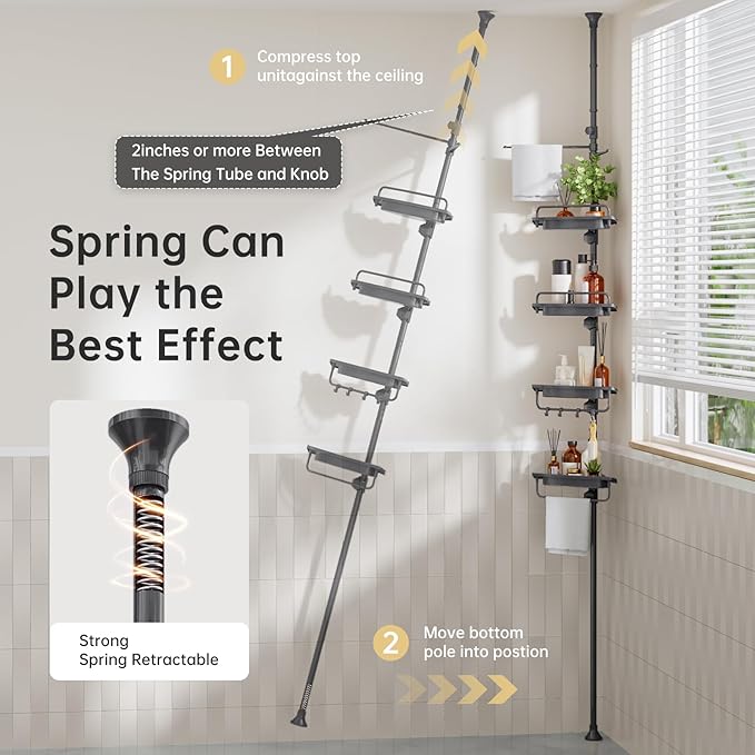 Sturdy Shower Caddy - 4 Tier Adjustable Organizer, Rustproof Stainless Steel, 32-122 Inch