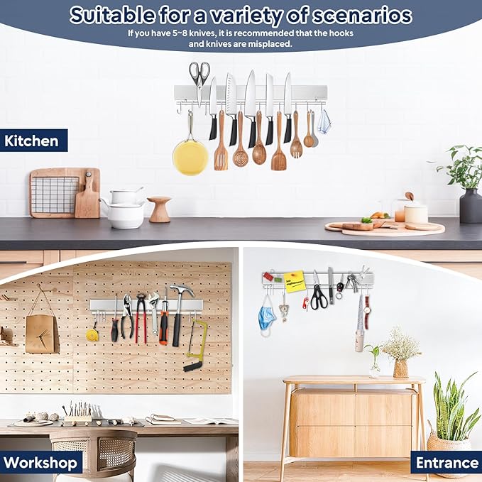 20 inch magnetic knife holder with 10 hooks, no drilling knife magnetic strip, and utensil hanger for wall. Powerful knife magnet rack includes tape and screws
