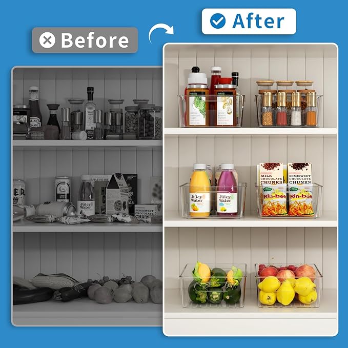Pantry Organizers and Storage, 4 Pack Snack Organizer for Pantry Shelf,Food Storage Bins with Divider,Clear Containers for Organizing,Transparent Plastic Basket,Refrigerator and Fridge Bins