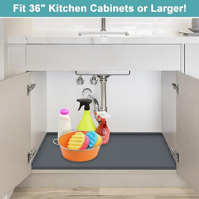 Under Sink Mats for Kitchen Waterproof 34" x 22", Silicone Under Kitchen Sink Mats and Protectors for 36" Cabinet, Under Sink Tray Organizer, Shelf Liners Cabinet Liner for Kitchen and Bathroom, Gray