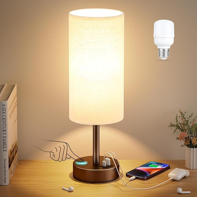 Beige Touch Table Lamp for Bedroom - 3 Way Dimmable Bedside Lamp with USB, Nightstand Lamp with Brown Charging Station for Desk, Dorm, Office