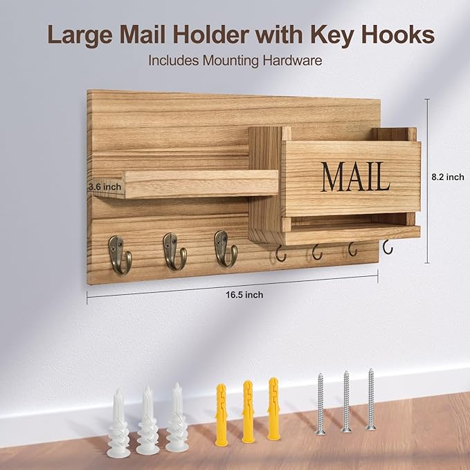 Mail Organizer for Wall Mount – Key Holder with Shelf Includes Letter Holder and Hooks for Hallway Farmhouse Decor – Rustic Wood with Flush Mounting Hardware (16.5” x 9.1” x 3.4”) (Wood)