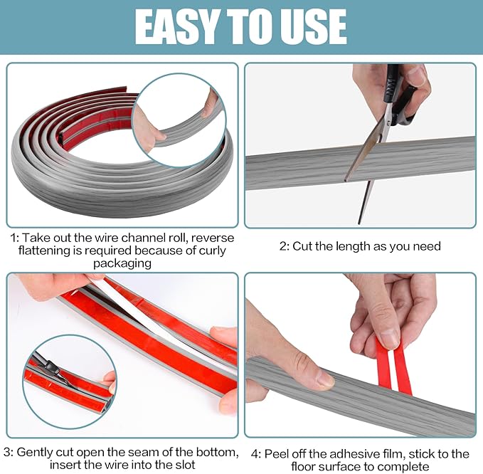 Floor Cord Cover Self Adhesive Cord Hider,3.3FT Cable Management, Extension Strip Protector for Wires, Prevent Cable Trips for Offices, Gyms, Exhibitions Cavity:0.51"(W) x 0.3"(H) Gray Wood