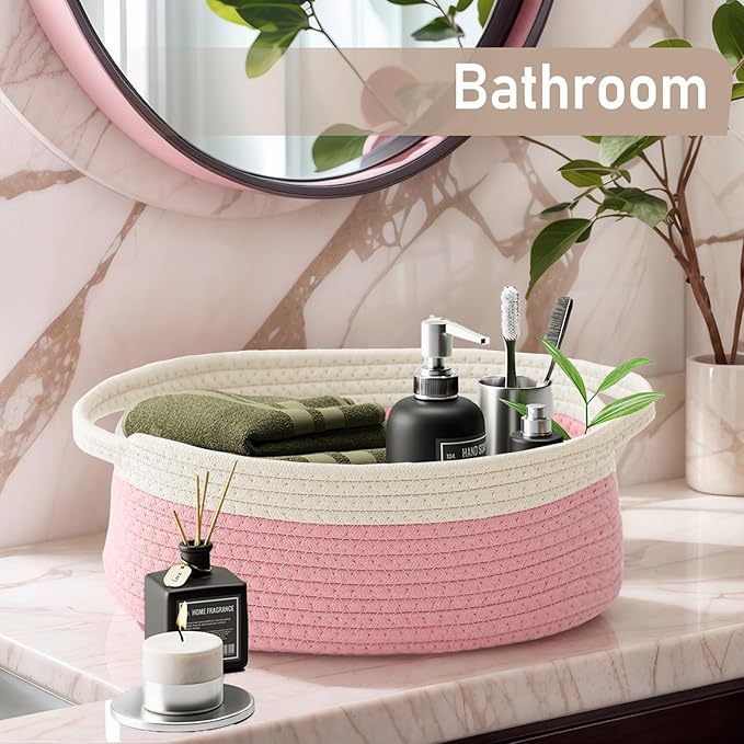 Woven Basket, Small Rope Storage Bin with Handles & Ribbon Bag, Organizer for Shelves Closets, Empty Gift Basket for Birthday, Books, Dog Toys, White & Pink/2 Pack