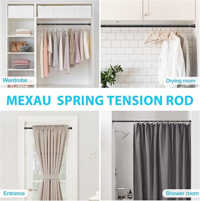 Black Shower Curtain Rod 43 To 73 Inch Tension Shower Rod For Bathroom 7/8" Adjustable Spring Curtain Rod No Drilling Spring Curtain Rod Black Tension Curtain Rods for Windows Doorway Closet
