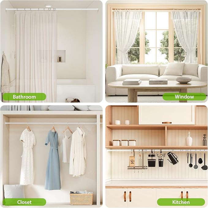 Tension Curtain Rod 32-76 Inch 7/8" Diameter Spring Loaded Curtain Rods No Drilling Adjustable Expandable Tension Shower Curtain Rods for Window Doorway Bathroom Kitchen Closet, White
