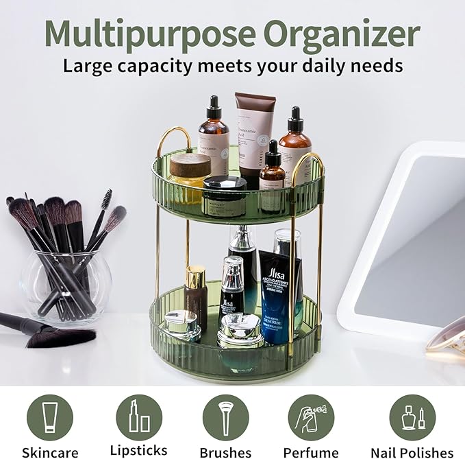 360 Rotating Makeup Organizer for Vanity, 2 Tier Large Capacity Skincare Organizers, Bathroom Counter Organizer, Spinning Perfume Organizer & Vanity Organizer (Green-2 Tier)